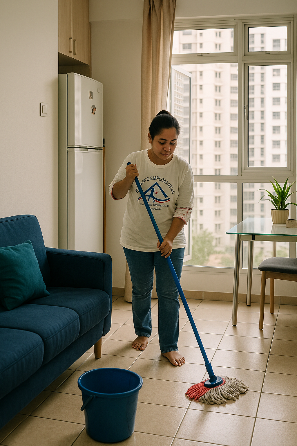 Trained domestic helper in Singapore learning floor mopping as part of maid training