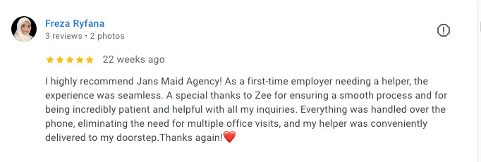 Google review highlighting Jans Maid $54 agency fee and great service