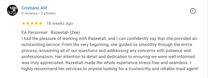 Verified Google review praising Jans Maid's transparency and price