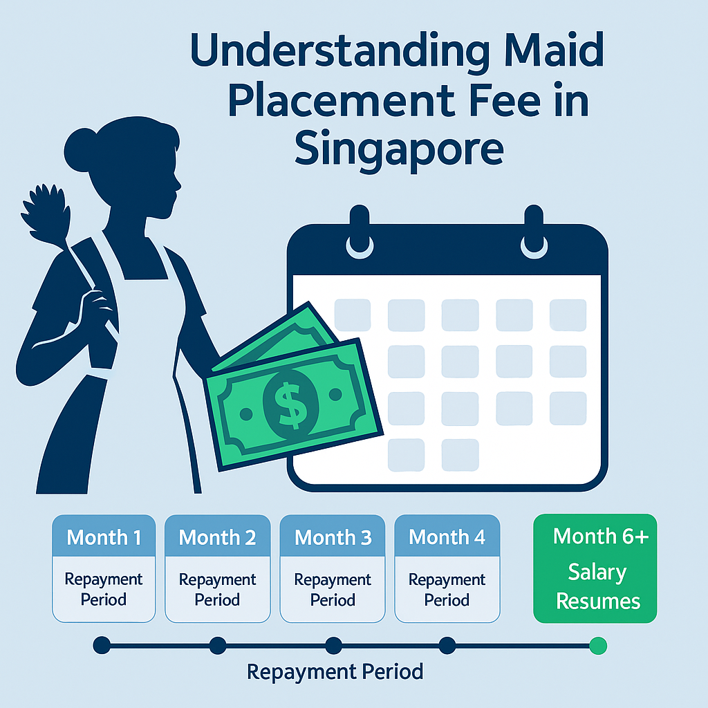 Understanding Maid Placement Fee in Singapore – infographic showing helper, calendar & 6-month repayment timeline